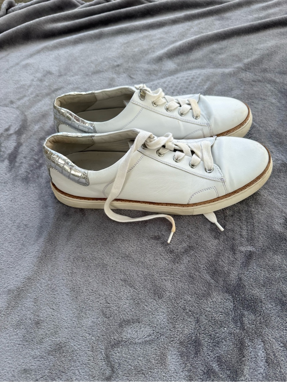 Johnston & Murphy White Leather Sneakers with Silver Heel Accent